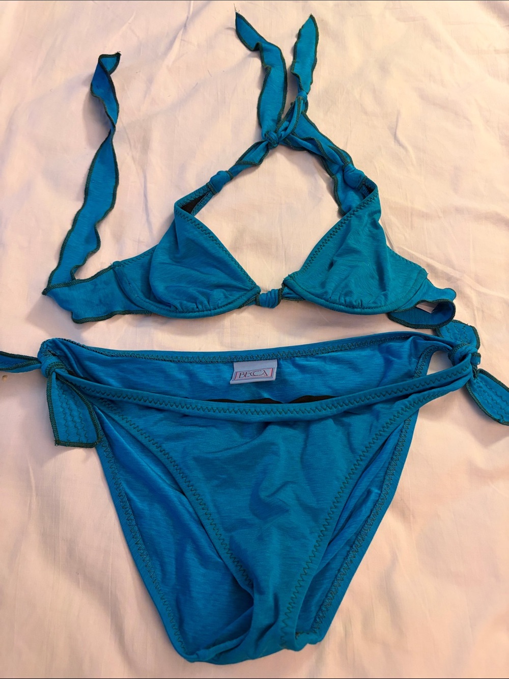 Becca Teal Blue Tie-String Triangle Bikini large bottom / Med. Top.